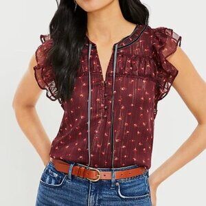 Ann Taylor LOFT Burgundy Floral Metallic Thread Ruffle Sleeve Blouse Small NWT